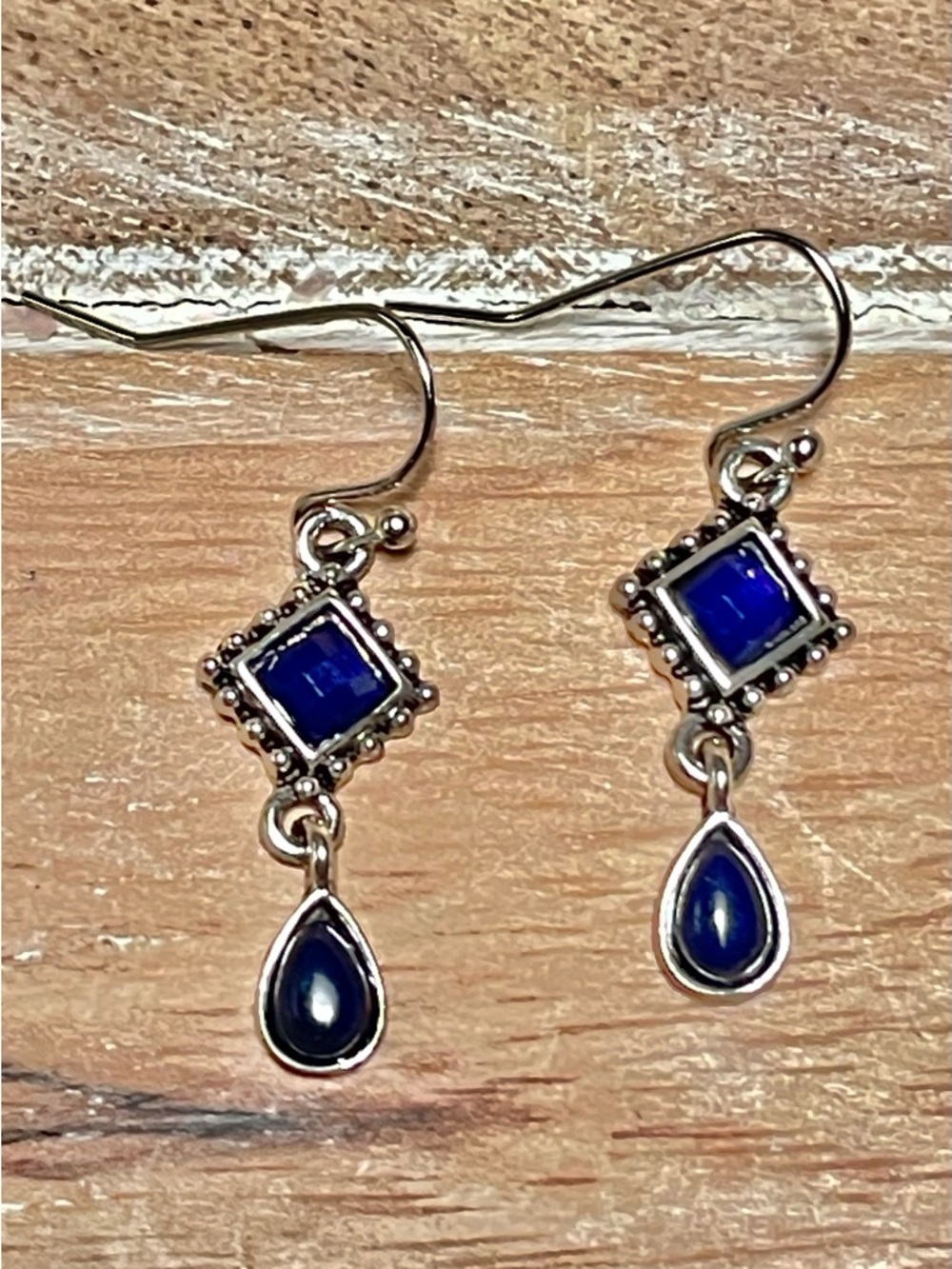 Sterling-Style Silver Drop Earrings with Deep Blue Stones